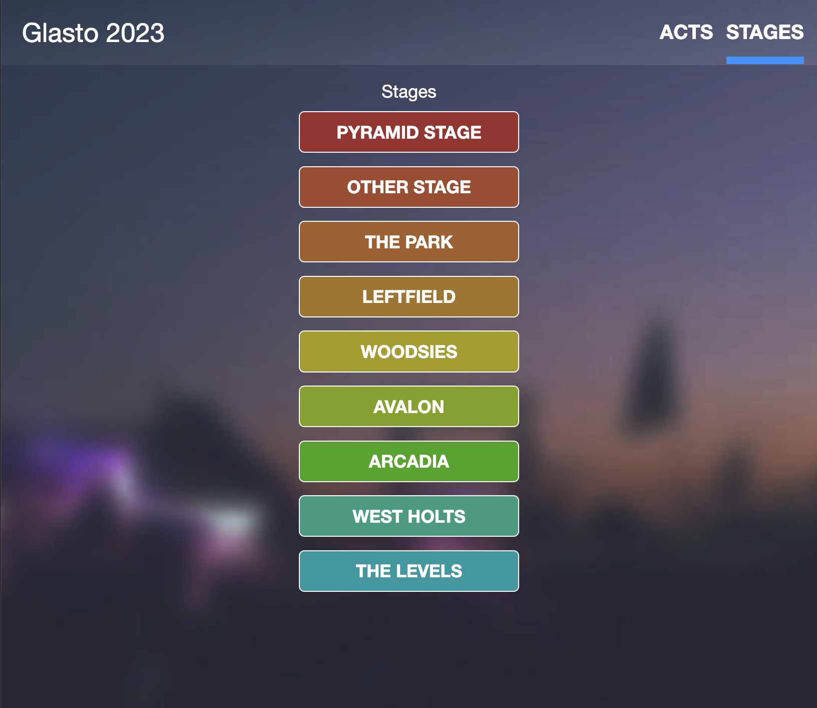 A list of stages in the app