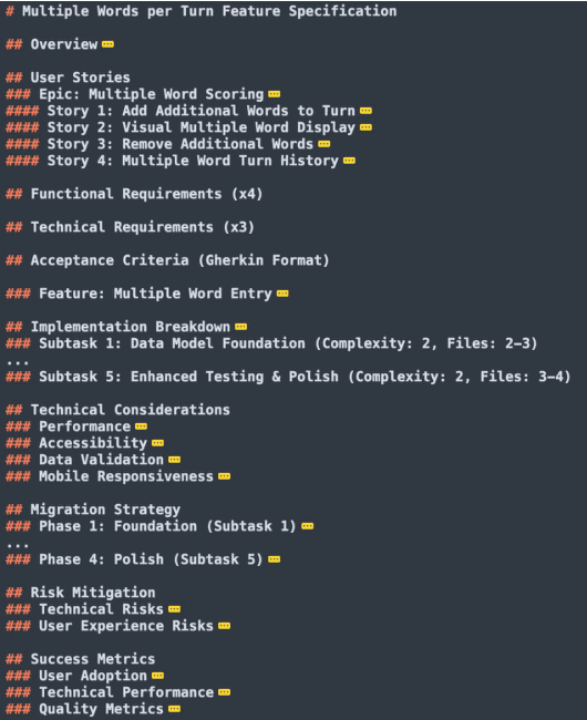 Slide showing the resulting specification output