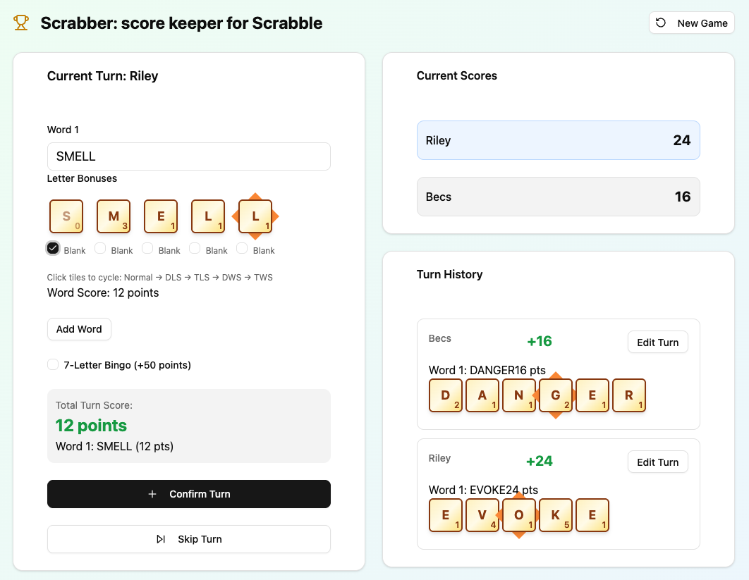 Scrabber Scrabble scorekeeper app interface